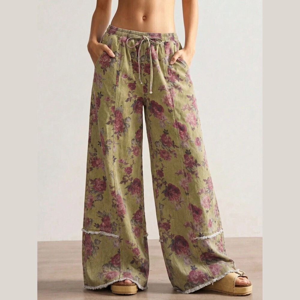 Green Floral Print Denim Wide Leg Pants with Frayed Hem